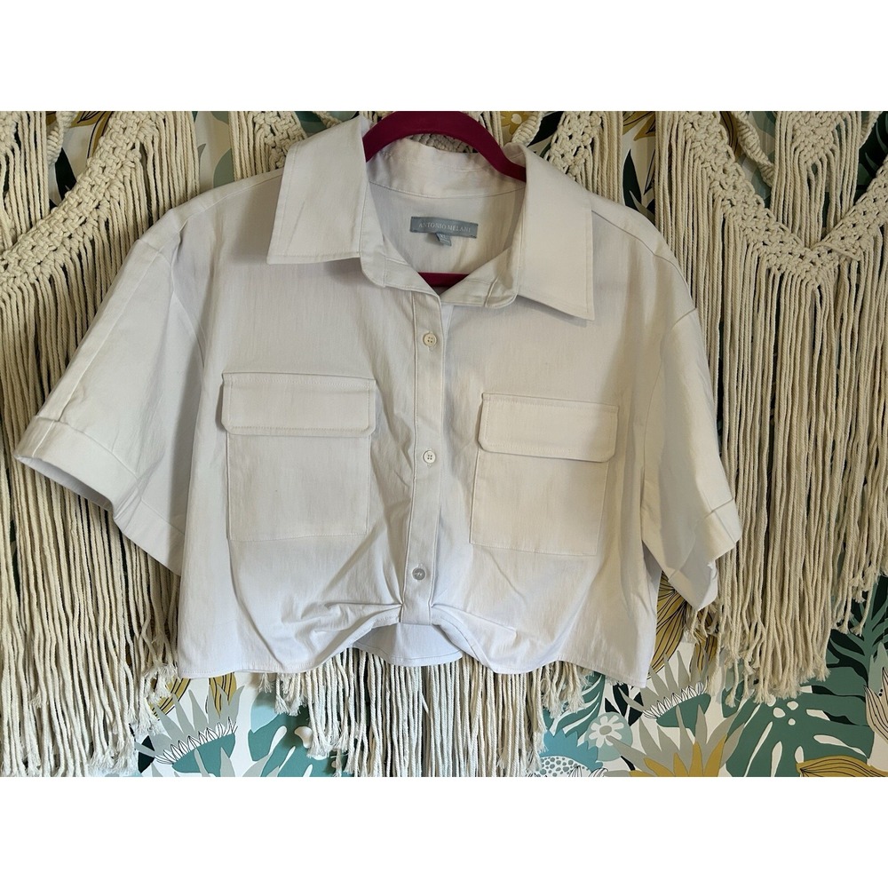 Antonio Melani Top Cropped Twisted Blouse Button Sz XL White EUC Whimsigoth Y2K‎